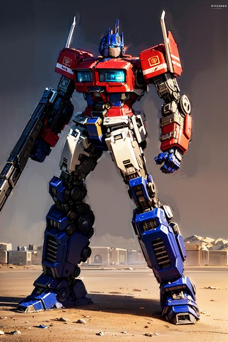 1boy, no humans, full body of optms, glowing eyes, blue eyes, holding weapon, cannon, arm cannon, mecha, robot, desert, sun, volumetric lighting, best quality, masterpiece, hand painted textures, intricate details, retro artstyle <lora:sxz-Optimus-Prime:0.7>