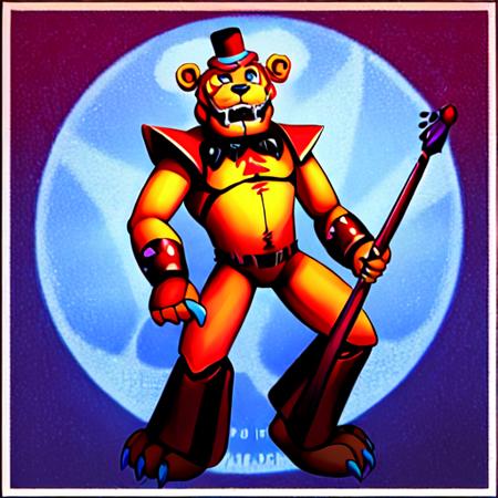 <lora:FNAF:0.75>, (GlamFredFNAF) FNAF, GlamrockAnimatronic, bear, official, solo, orange body