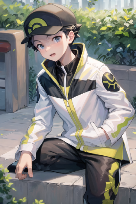 masterpiece, best quality, <lora:LucasLora:0.7>, 1boy, solo, lucas \(pokemon\), black headwear, baseball cap, white jacket, black pants, green trim,