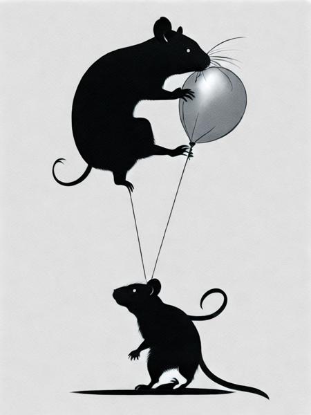 <lora:Banksy:1>a black and white painting of a rat holding a balloon with the word rainy written on it by Banksy