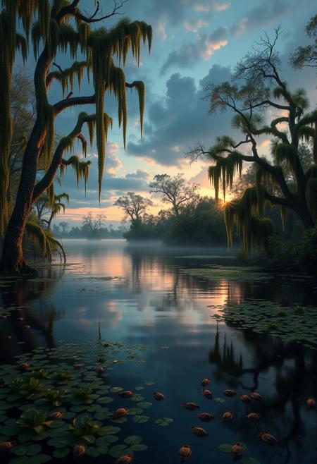 A serene bayou landscape with moss-draped trees, tranquil waters, reflecting the twilight sky, rich greens and browns, details of frogs and crickets adding to the ambiance, beautiful lighting, hyper-realistic digital painting, cinematic atmosphere, atmospheric, 8k resolution.