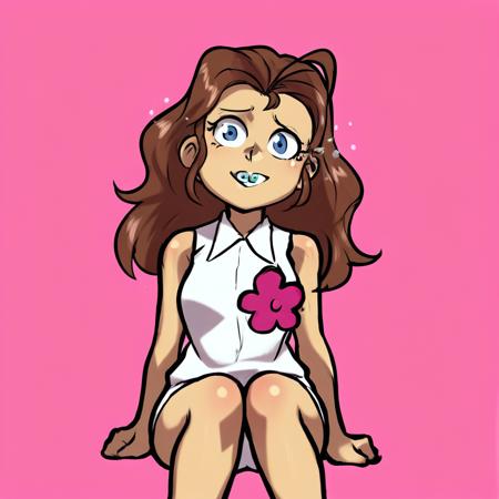 LuanLoudJcm2 1girl, light skin, light skinned female, brown hair, curly ponytail, yellow scrunchie, white shirt, sleeveless collared shirt, pink flower on shirt, yellow skirt, plaid skirt, bucktooth with braces, blue eyes, black eyebrows long brown hair, messy hair