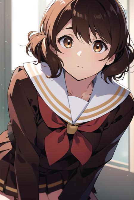 kumikooumae, <lyco:kumikooumae-LYCORIStest:1>,
kumiko oumae, (brown eyes:1.5), brown hair, short hair, wavy hair, (flat chest:1.2),
BREAK brown shirt, brown skirt, kitauji high school uniform, long sleeves, neckerchief, pleated skirt, red neckerchief, sailor collar, school uniform, serafuku, shirt, skirt, uniform, white sailor collar,
BREAK looking at viewer,
BREAK indoors, classroom,
BREAK <lora:GoodHands-vanilla:1>, (masterpiece:1.2), best quality, high resolution, unity 8k wallpaper, (illustration:0.8), (beautiful detailed eyes:1.6), extremely detailed face, perfect lighting, extremely detailed CG, (perfect hands, perfect anatomy),