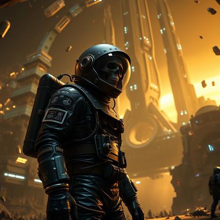 A cinematic shot of an undead lich astronaut in a vibrant metallic black spacesuit standing in the foreground, with a massive, ziggurat spacestation as the backdrop. The spacestation is adorned with numerous lights, windows, and technical details. The astronaut's suit is equipped with various gadgets and patches. The atmosphere is filled with floating debris and a hazy golden glow
