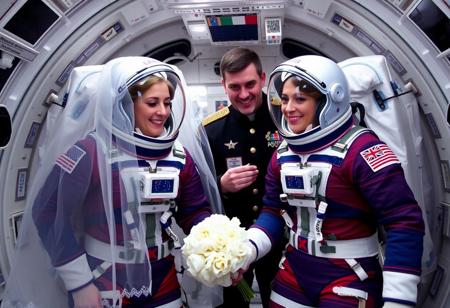 Astro-Brides, The first wedding in space, two women get married in spacesuits, a non-religious space commander officiates the wedding the two women have wedding veils on the outside of their spacesuits,