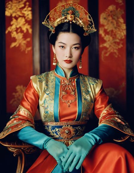 lewd, slutty, [art by Paul Poiret| Andre de Dienes], Fashion photography of a (supermodel of Structure:1.2) , eyebrows of Pride, he is dressed in Ming Dynasty fashion outfit, charming Gloves, soft light, double exposure, Fujicolor Fujichrome Velvia 100, 80mm, mundane and good-looking, Acid colors background, octane engine, artstation, emotional, photograph, epic atmosphere, rich deep colors, intricate detail, professional fine composition
