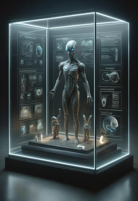 display case for alien artifacts including animal specimens and inscrutable technology in a dark studio environment