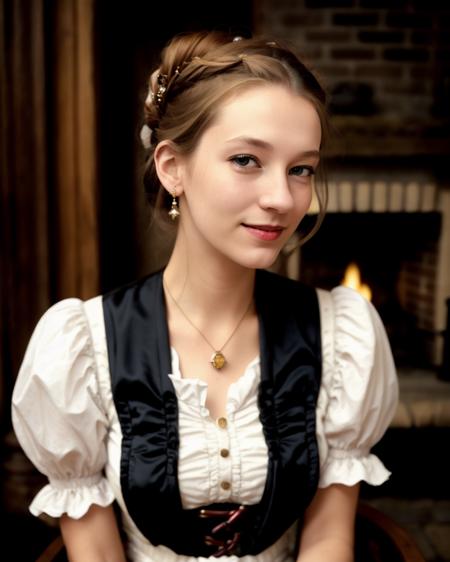 medium portrait closeup of a Beautiful MandiCollins, (messy bun), sitting on a wooden chair, (wearing a fancy Victorian era dress:1.3), pale skin, dark red lips, dark eye shadow, ornate pendant, sitting in front of a large stone fireplace, candle burning, in a luxurious fantasy castle, side lighting, cinematic, Renaissance style, (Fujifilm XT3:1.1), (high detailed face:1.3), perfect hands, <lyco:LoHA_MandiCollins_SD1.5_23070702:0.7>