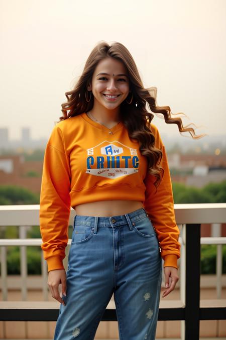 photo of a pryl woman, wearing conservative Orange sweatshirt and jeans, solo, smiling night time, city lights  in background bokeh, cinematic lighting,     <lora:pryl_Priyal_Gor_SD15_LoRA_prodigy_local_regs_HNepochs-000015:1>