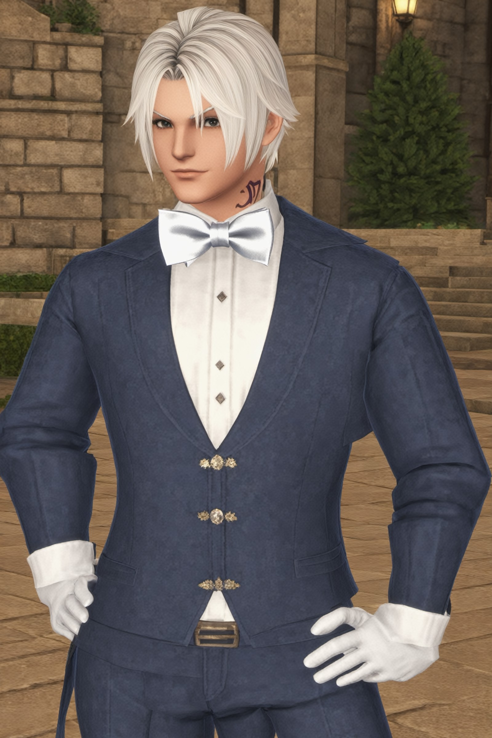 Thancred Waters,  Hyur,  looking at viewer,  gloves,  bow,  upper body,  white gloves,  bowtie,  hand on hip,  formal,  sp...