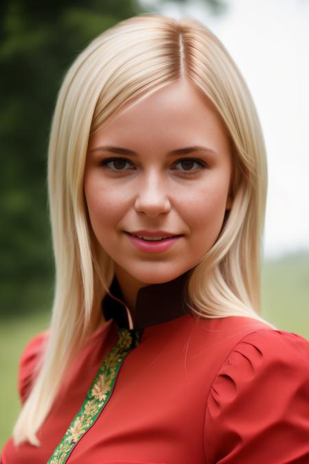 A stunning intricate full color portrait of a woman, wearing a red high neck blouse, happy, epic character composition,by ilya kuvshinov, alessio albi, nina masic,sharp focus, natural lighting, subsurface scattering, f2, 35mm, film grain, portait, closeup, very detailed skin texture  <lora:DidoAngel:1>