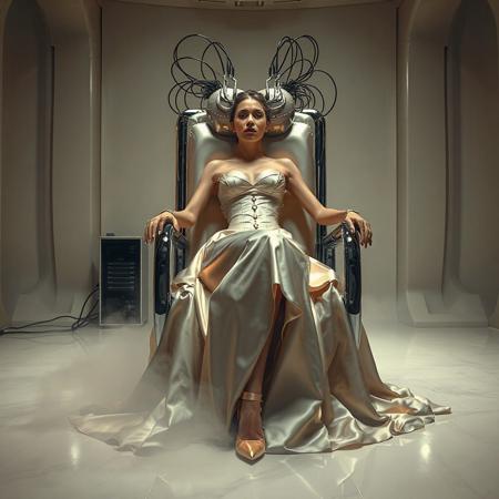 A slender, arrogant  rich norvegian bride, reclined in a polished steel restraint fetish chair, dressed in a luxurious, rich fantasy satin wedding gown with a fitted, boned corset accentuating her ultra-thin waist.and a full, flared skirt, paired with satin high heels, orgasm face. The massive electrodes holding her head pressed to the steel restraint chair headrest,  cabled to a  futuristic superconputer rack. Her hands and ankles are bound to the steel restraint chair   by massive steel restraints,   weird fog from the floor. The scene is set in a sterile, empty chamber, with a glossy mother-of-pearl finish, evoking a sense of futuristic dread. Inspired by the cinematic styles of Ridley Scott, Guillermo del Toro, and H.R. Giger, with a blend of sci-fi and horror elements, this full-body portrait is a masterpiece of cinematic storytelling, shot on a virtual v-raptor XL camera, with a warm, film-grained aesthetic, subtle vignette, and rich color grading, reminiscent of 35mm film, with dramatic, atmospheric lighting, inviting the viewer to immerse themselves in this epic, stunning scene.