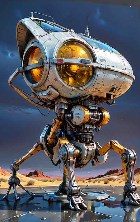 ((((1girl Walking vehicle), solo, outdoors, sky, cloud, cyberpunk night city in the rain, vehicle focus, scenery, (Walking vehicle), (legged vehicle), (satellite dish:1.2), (multiple legs), gray paint), Digital painting style visual effects, (masterpiece:1.8), (highest detailed:1.8), (angle:1.8), pov, perfectly lighted, (contrast), (saturated), (((sharp focus))))),
(bathed in warm tender light, Background is desert:1.3), (hyperdetailed:1.3), (intricate details:1.2), (Refined details:1.3),
(best quality:1.5), highly detailed textures, vibrant colors,
<lora:add-detail-xl:1> (ultra sharp focus:1.8), (detailed skin:1.8), (detailed windows:1.8), (thin lines:1.8), (best quality:1.8),
<lora:Apparatus_-_Traction_City_Walkers_Vehicles:0.8>,
(Transparent Texture:2), (masterpiece:1.8), (highest detailed:1.8), (angle:1.8), perfectly lighted, (contrast), (saturated), (((sharp focus))), (hyperdetailed:1.3), (intricate details:1.2), (Refined details:1.3), (best quality:1.5), highly detailed textures, vibrant colors, <lora:Someplastic:1>,