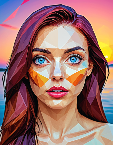 polygon style, low-poly animal, angular shape,
face close up,
geometric womans face,
model face, pretty,
wet dark red hair, thick long hair,
head tilt, blue eyes,
large eyes, big plump lips, small nose, blush, 
clean polygon edges, symmetrical design, digital art,
<lora:Polygon_Lora_XL:1>
background polygonal sunset, bright colors, tan, tshirt