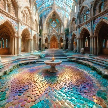 Fred Flintstone,a historic church courtyard,natural lighting, (HD, masterpiece, best quality, hyper detailed, ultra detailed, super realistic),amazing,  , p1nk1r1sc4l3s, made out of iridescent scales<lora:sdxl\PinkieIriSclsSDXL-v1.safetensors:1.0:1.0>