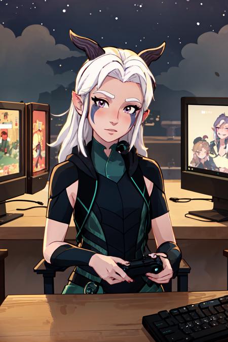 masterpiece, best quality,1girl, <lora:rayla-12:0.8>,rayla,facial marks,standing,head tilt,looking at viewer,game room, sitting at desk, using pc, gaming headset, night, scenery