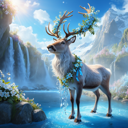 In a serene blue heaven, a majestic reindeer stands gracefully, Its skin is adorned with delicate flowers, blending harmoniously with its natural fur, Blooms of various colors and types also decorate its antlers, creating a stunning, floral crown, The bright atmosphere around the reindeer is filled with soft, radiant light, enhancing the ethereal beauty of the scene, The sky is a tranquil shade of blue, adding to the peaceful and heavenly ambiance, The reindeer exudes a sense of calm and wonder, perfectly at home in this enchanted, floral paradise, Surrounding the reindeer is a fantastical world with floating islands, cascading waterfalls that sparkle like diamonds, and vibrant, mystical plants that glow softly, This magical realm is filled with an aura of tranquility and wonder, making it an idyllic fantasy world