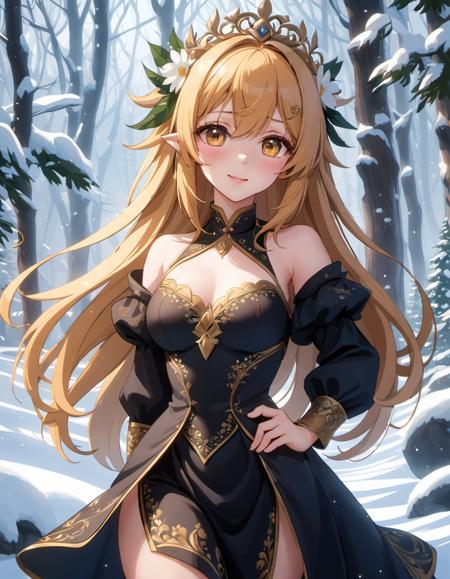 1girl,solo,anime,full body,princess,hand on hip,detailed and beautiful hands,bare breast,mysterious,smile,golden hair,black dress,short skirt,winter,in deep forest,snow,(embedding:unaestheticXLv13.safetensors:1.2),(embedding:negativeXL_D.safetensors:0.8),(masterpiece,best quality,ultra_detailed,highres,absurdres:1),(masterpiece, top quality, best quality, beautiful and aesthetic),ultra-detailed,an extremely delicate and beautiful,beautiful detailed face,clear face,best illustration,extremely detailed eyes and face,amazing,detailed and intricate,Highest image quality, beautiful delicate background,beautiful detailed glow,