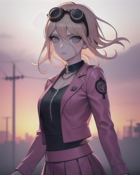 Iruma Miu/(danganronpa/), street bacgkround, short hair, casual outfit, pink jacket, bank ultra-detailed, masterpiece, illustration, 8k, masterpiece, realistic shadows, wind, gradient, googles on head, cute, ambient lighting, colorful, glowing particles, beautiful detailed eyes <lora:IrumaMiuDanganronpaV1:0.4>