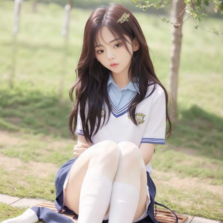 RAW photo, 1girl, yangchaoyue_asian_v1, schoolgirl, pale skin, (student uniform:1.2), (white stockings:1.2), soccer field, (high detailed skin:1.2), 8k uhd, soft lighting, high quality, film grain, Fujifilm XT3