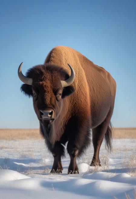 very realistic photograph of plains bison in a snowy field, blue sky background with cirrus cloud and slightly hidden sun