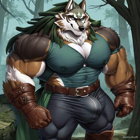 link (wolf form)+, bara, muscular, werewolf, stern eyes, calm dark blue eyes, confident smile, thick muscular neck,  thick muscular  arms,  thick muscular legs, muscular chest muscles,  long tight green tunic, erect penis hidden in pants, large penis bulge,  brown leather boots, brown leather gloves, dark blow protective forearm sleeve, tight white under shirt, tight white pants, long python hat, long wolf tail, stoic pose, holding the master sword, holding a large shield, twilight lighting