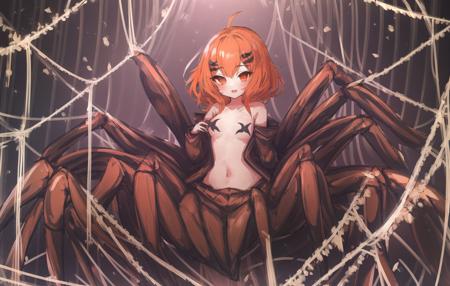 1girl, arachne, arthropod girl, arthropod limbs, hair clip, tangerine hair, single braid, heliotrope eyes, small breasts, carapace, extra legs, monster girl, multiple legs, spider girl, taur, lansane, original, tarantula leg, <lora:spider_girl_v1:1.5>, (spider web:1.4), corneo_x_pasties