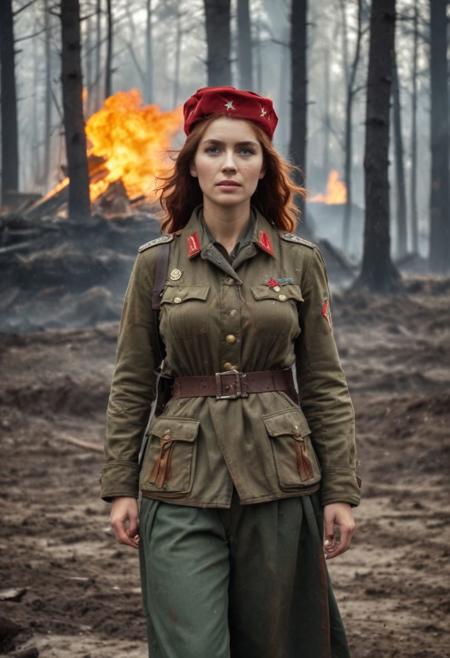 Beautiful Soviet woman soldier in WWII style, Intricately Designed Soviet brown military uniform, ultra-realistic body, realistic dirty face, bloody battle full of dirt and blood, fighting position, wavy red hair, Realistic blue eyes, big beautiful pupils, 8K, fire, dramatic war atmosphere, cinematic lighting