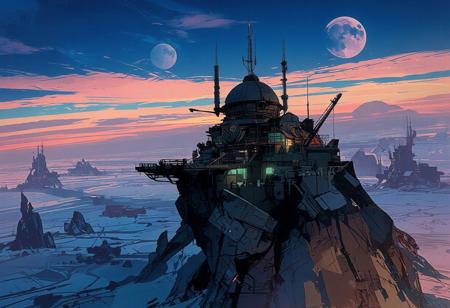Seen from the sky, a futuristic city stands in the middle of a vast icy expanse. The scene takes place on another planet, as two moons are visible in the sky. The city is perched on a massive rocky spur, its architecture sleek and harmonious, made of glass and steel. A large building with a grand dome overlooks the city, and communication antennas are scattered throughout.
Space traffic is visible, with a massive spaceship above us and another below, docking at the city's elevated astroport. Several platforms extend from the city's rocky foundation. In the distance, two other cities can be seen, also perched on rocky spurs. Mining vehicles move across the icy terrain, traveling between the cities.
The cities are surrounded by an immense frozen desert, with occasional jagged rocks emerging from the ice. The sky is brightly illuminated as the sun sets, casting a stunning blend of deep blues and warm oranges. The atmosphere is nocturnal, with breathtaking hues of twilight and early evening.