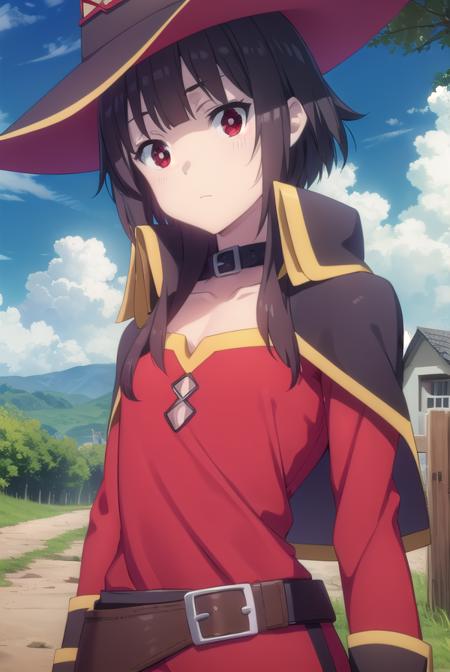 konosubamegumin, <lora:konosuba megumin movie-lora-nochekaiser:1>, 
megumin, short hair, black hair, (red eyes:1.3), short hair with long locks,
BREAK thighhighs, gloves, hat, dress, black gloves, belt, black thighhighs, fingerless gloves, cape, collar, witch hat, bandages, red dress, single thighhigh, asymmetrical legwear, bandaged leg,
BREAK outdoor, forest, nature, trees, village, sky, sun, clouds,
BREAK looking at viewer, (cowboy shot:1.5),
BREAK <lyco:GoodHands-beta2:1>, (masterpiece:1.2), best quality, high resolution, unity 8k wallpaper, (illustration:0.8), (beautiful detailed eyes:1.6), extremely detailed face, perfect lighting, extremely detailed CG, (perfect hands, perfect anatomy),