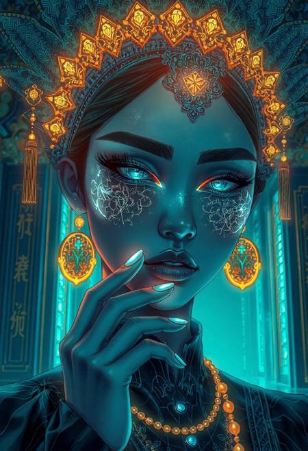 A highly detailed, intricate line-art illustration in the style of Steve McDonald. Detailed hyper realism in the visible body parts (face, hands, legs).
3D rendering, face close-up, CG high model, Elegant [goth ] with bioluminescent glowing makeup and a holographic asian headdress, in a [teal and gold] cyberpunk aesthetic, dark fantasy, anime-style, illuminated by soft lighting
, acrylic painting in style Adam Hughes.
The composition features mesmerizing line work, fine architectural detailing in the background, and a play of light and shadow through intricate hatching. The overall aesthetic is serene, introspective, and dreamlike, blending realism with a highly structured, almost meditative pattern-based design.
