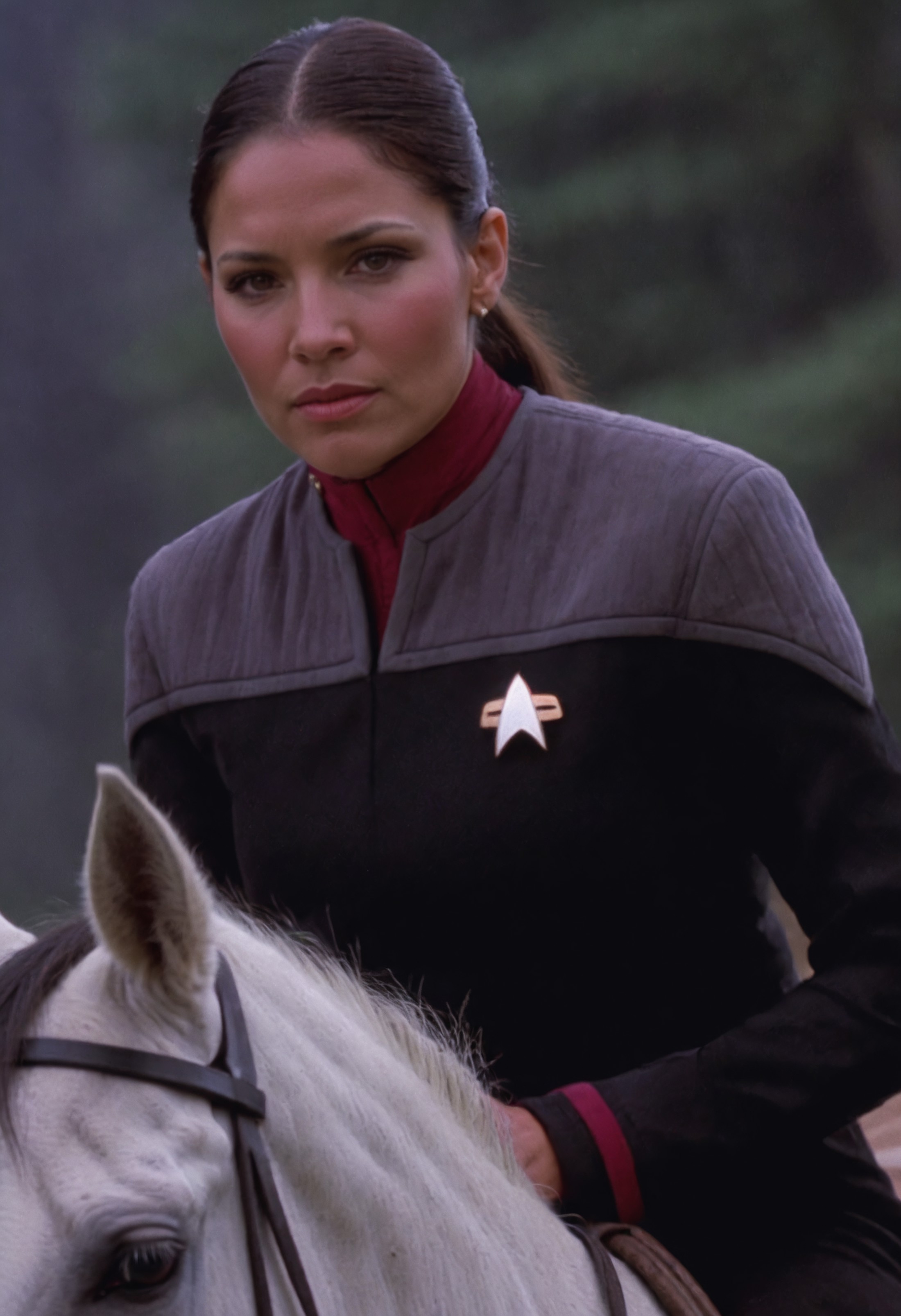 native american woman on a horse, in black and grey ds9st uniform,red collar, exquisite face, details, hands, ultimate det...