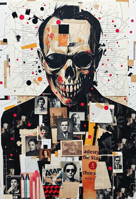 Outsider art. A surreal and deconstructed mixed-media collage in the style of Jacques Prévert with an urgent sense of chaos and energy. An analogue collage artwork blending fragmented styles, layers and textures. 
A punk stencil photocopy print of a man wearing a mask of dead people's skin.
Layered over this obscuring the image are multiple fragmented and overlapping layers of chaotic thick paint, splatters of paint, palette knife oil paint, handwritten scrawled text messages, torn photographs and broken distorted vintage photographs filling the canvas. 
Layers sections of repetitive brightly coloured dots in Yayoi Kusama style. Fragmented scribbles and abstract graffiti images in Jean-Michel Basquiat style over the top. This hides sections of the image below. Outlines are roughly redrawn in black ink and thick oil paint. The overall effect is manic and anarchic with an urgent sense of energy.