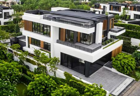 full facade one stunning house building  on the street, modern villa with,architectral view,beautiful landscape,housev1
