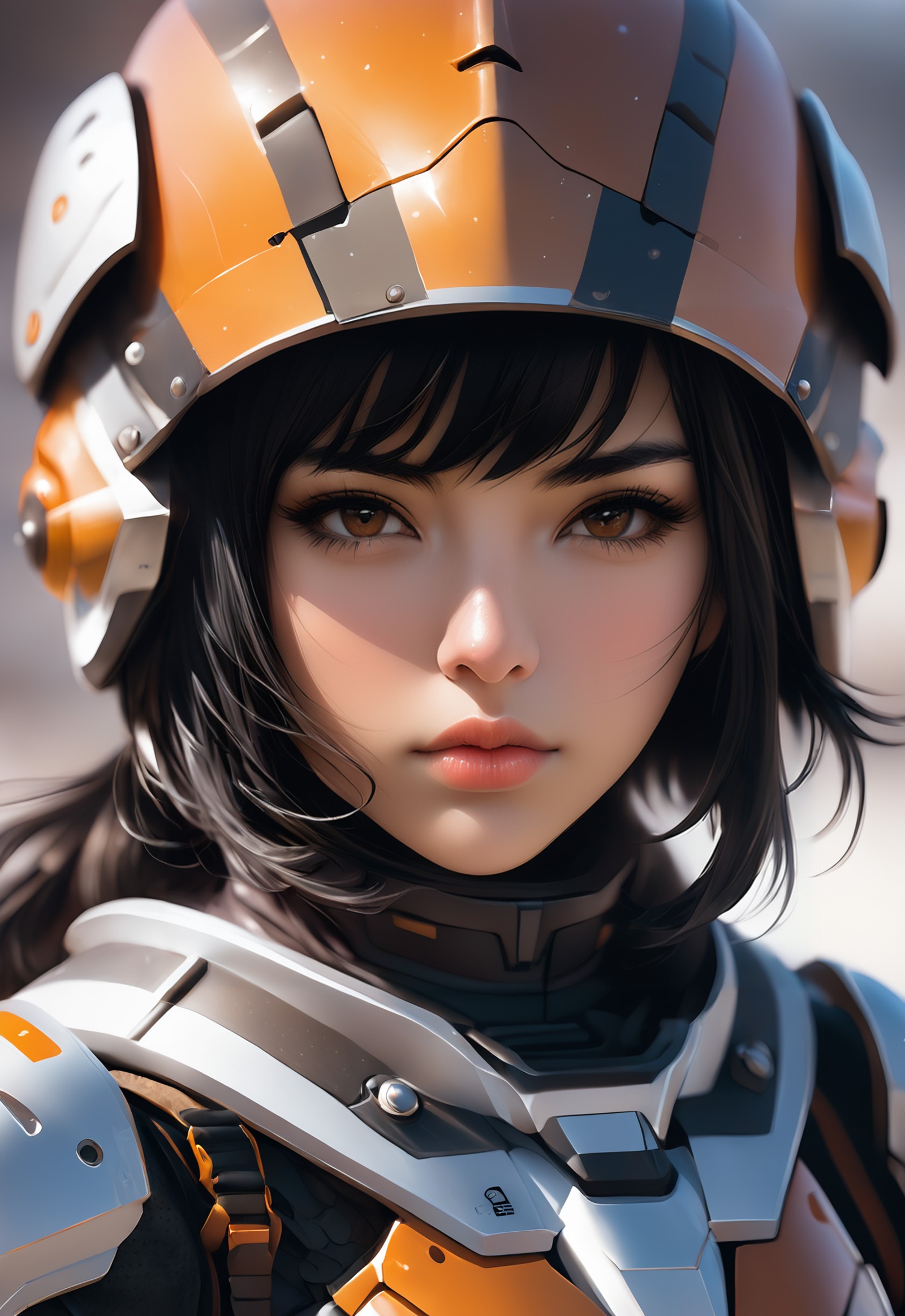 1girl, solo, looking at viewer, bangs, black hair, brown eyes, closed mouth, upper body, armor, blurry, lips, eyelashes, h...