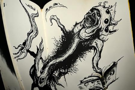 open book,(from above)DrawMonster,BloodSpots,(dutch angle, )(illustration),quill and ink(drawing) Monster,squid, on grass, 
<lora:MonsterLora02:1.0>,