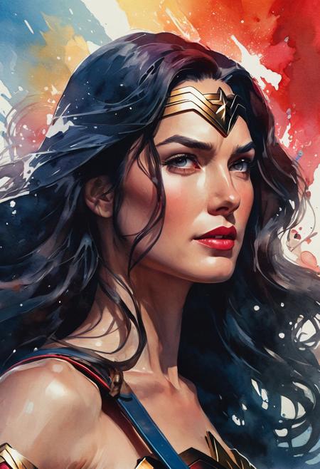 Surrealism. Watercolor portrait of Wonder Woman, head and shoulders portrait, 8k resolution concept art portrait by Greg Rutkowski, Artgerm, WLOP, Alphonse Mucha dynamic lighting hyperdetailed intricately detailed Splash art trending on Artstation triadic colors Unreal Engine 5 volumetric lighting, female
