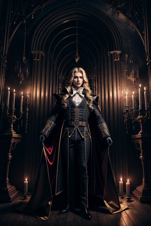 1man, handsome man, portrait upper body of alucardcastlevania wear court suit in bedroomgothic room, candle, looking at vi...