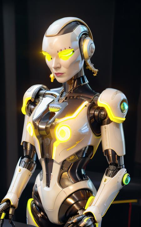 Film noir style ((bright neon colors)), (top-quality, 8K, masterpiece:1.3) A photo of a sleek, humanoid robot, playing a musical instrument, wearing a stylish jacket, on a modern stage taken with a prime lens highly detailed, detailed skin, dramatic spotlighting <lora:IvoryGoldAIv2:1> ivory gold . Monochrome, high contrast, dramatic shadows, 1940s style, mysterious, cinematic