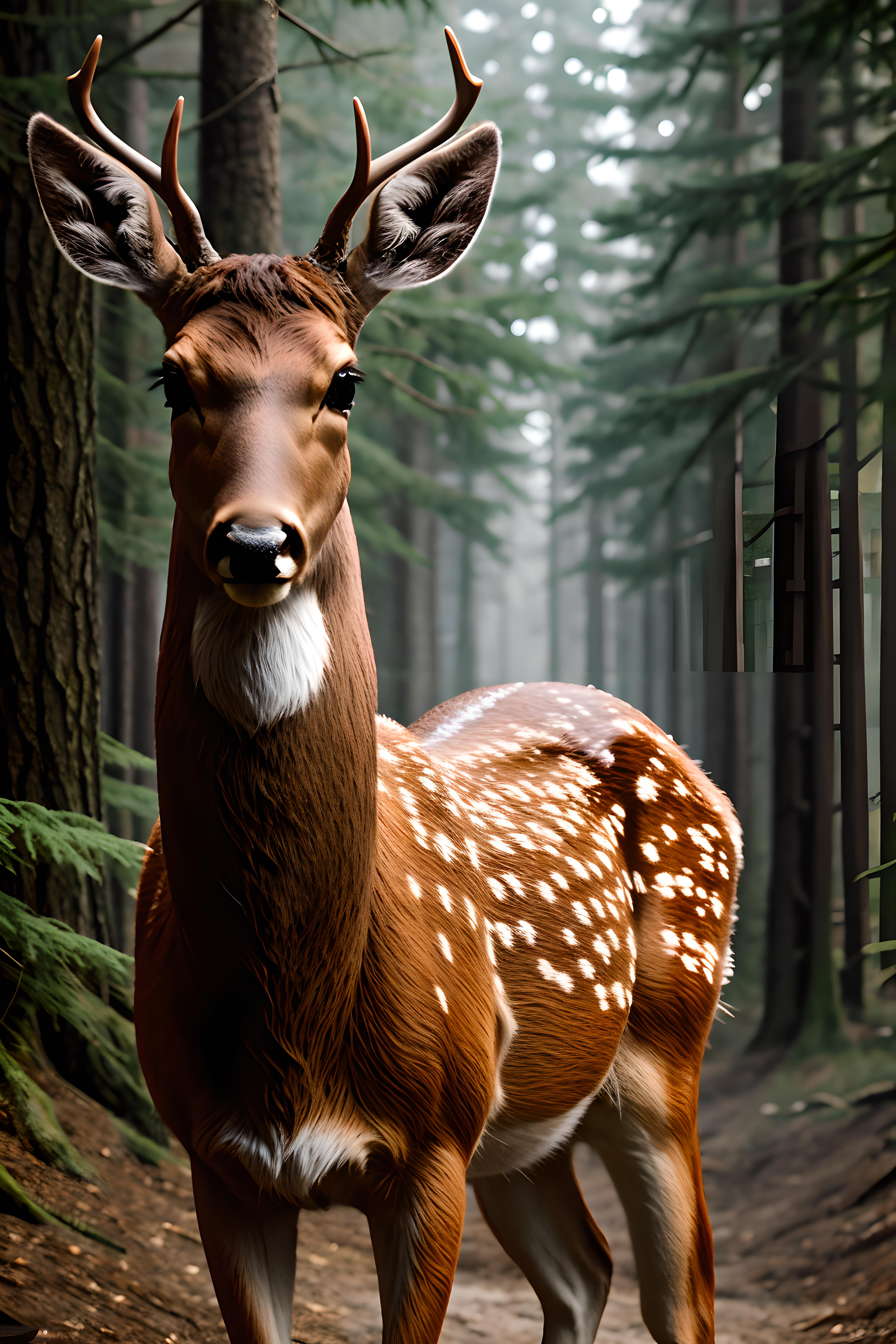 A deer standing in a forest with trees in the background.