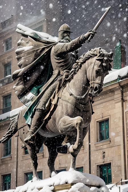 cid statue ,  sword in hand <lora:El cid:0.67>   four paws , snow in the  background ,horse in rampant motion , snowing hard