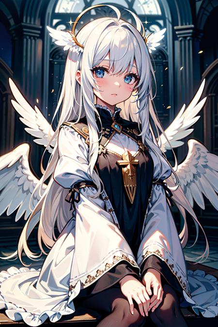 best quality, masterpiece, ultra-detailed, illustration, (beautiful detailed eyes), beautiful, amazing, detailed eyes, (detailed skin), (oily skin), 1girl,solo,angel girl, tattered church, rubble, scattered glass,white hair, long hair, fluttering hair, halo, ahoge, splendid priestly clothes, big wings, white wings, sit, waliza, hands between legs,looking up , particle , whole body, cowboy shot,moonlight, natural light,{{{{masterpiece}}}}, {{{hyper detailed}}}, {{{highres}}}, {{{8k}}}, {{perfect body}}, {{beautiful detailed eyes}}, {{colorful}}, {{vivid color}}