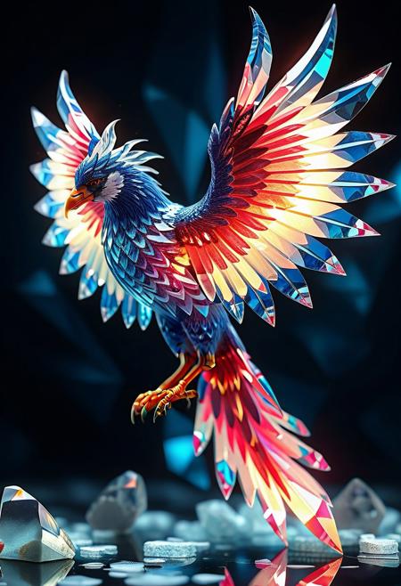 Ultrarealistic. sharp focus, dynamic lighting. play of light, reflection, refraction, Raytracing, Ultra detailed. crystalized. A blue phoenix made of rp_slgd.