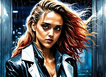 (Jessica Alba), nighttime, cyberpunk city, dark, raining, neon lights ((,Wearing a blazer over a hoodie)), blazer, hoodie, (<lora:itoStyleLycoris:0.5>), cyberpunk, synthwave, 1980s, futurism, brutalism, neuromancer, cinematic photo in a bathroom stall, detailed hair, windblown hair, red hair,Power girl, supergirl, blonde,(wearing a military uniform with a collar, military cap)
