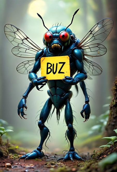 a giant mutant housefly holds a sign that reads: "Buzzz!"