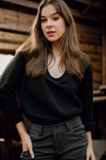 Realistic photo of a beautiful h41l33s woman,  1girl, solo, long hair, breasts, looking at viewer, smile, simple background, brown hair, dress, bare shoulders, brown eyes, pants, grey background, black dress, lips, hand on hip, black pants, contrapposto, realistic, soft lighting, professional Photography, Photorealistic, detailed, RAW, analog, sharp focus, 8k, HD, DSLR, high quality, Fujifilm XT3, film grain, award winning, masterpiece<lora:h41l33s:1.0><lora:h41l33s:1.0><lora:h41l33s:1.0><lora:h41l33s:1.0>