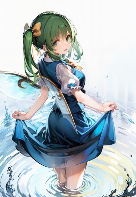 masterpiece, best quality,  <lora:daiyousei:1>,1girl, wings, daiyousei, solo, green hair, barefoot, green eyes, side ponytail, fairy wings, skirt hold, water, ripples, hair ribbon, dress, ribbon, skirt, looking back, shirt, hair bow, skirt set, wading