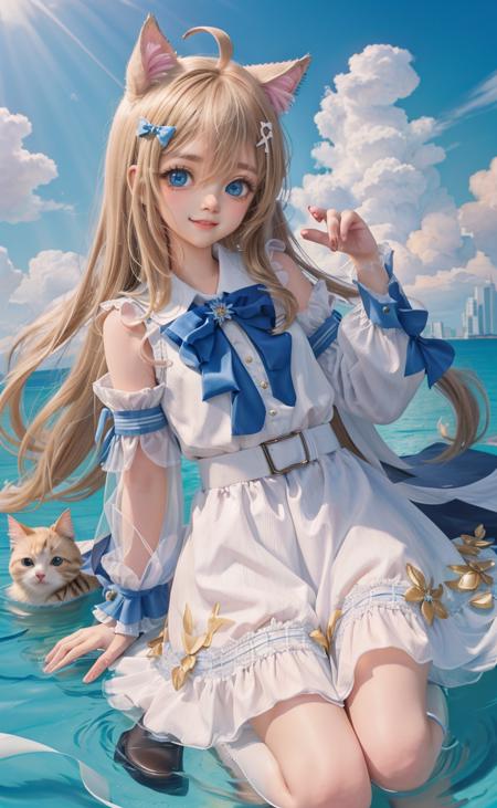 masterpiece, best quality, kawaii,adorable girl,little girl,bishoujo,cute,long hair,light brown hair,hair between eyes,ahoge, blue eyes,beautiful detailed eyes,aqua eyes,cat_ears,blue hairbow,white kneehighs,white dress,white infrared sleeve,((beautiful detailed face)), (beautiful detailed eyes),boots,full body,white glove,cute face,happy