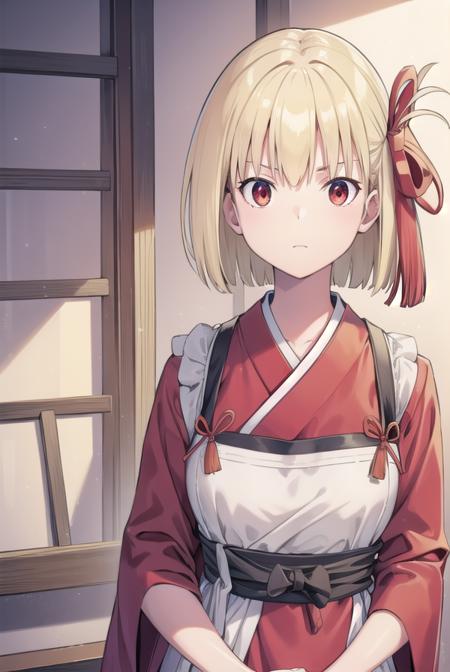 chisatonishikigi, <lora:chisatonishikigichickeiii-lora-nochekaiser:1>, 
nishikigi chisato, short hair, bangs, blonde hair, (red eyes:1.5), hair ribbon, one side up, bob cut,
BREAK japanese clothes, kimono, apron, red ribbon, waitress, red kimono,
BREAK indoors, cafe,
BREAK looking at viewer, (cowboy shot:1.5),
BREAK <lyco:GoodHands-beta2:1>, (masterpiece:1.2), best quality, high resolution, unity 8k wallpaper, (illustration:0.8), (beautiful detailed eyes:1.6), extremely detailed face, perfect lighting, extremely detailed CG, (perfect hands, perfect anatomy),