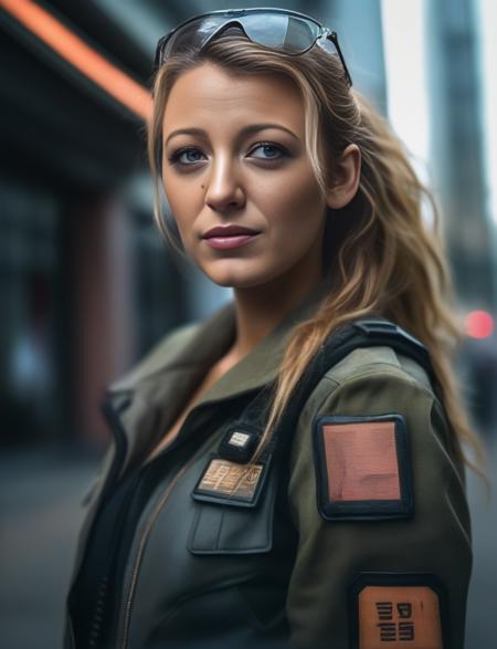 BlakeLively,<lora:BlakeLivelySDXL:1> (8k, RAW photo, best quality, masterpiece:1.2), (realistic, photo-realistic:1.37), ultra highres, depth of field, chromatic aberration, caustics, Broad lighting, natural shading,Fujifilm XT3,ultra detailed,cyberpunk uniform,1girl, solo,standing, looking at viewer, outdoors,street